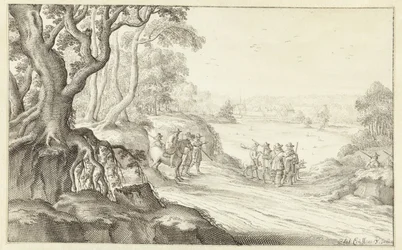 Jäger in einer hügeligen Landschaft, im Hintergrund die Abtei Groenendaal in Brüssel